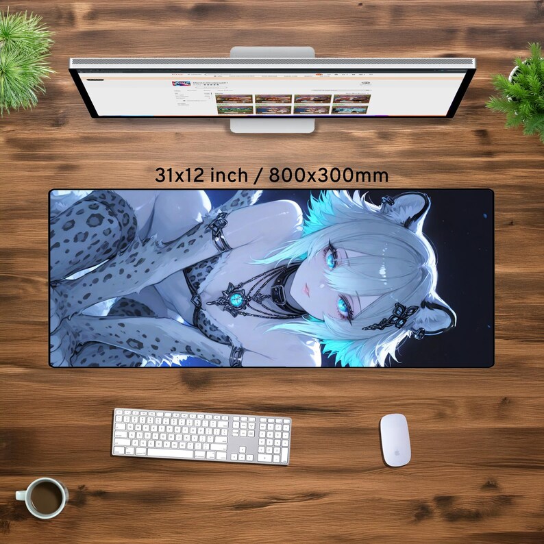 May include: A large mouse pad with a white and blue anime character design. The character is a woman with long white hair and blue eyes. She is wearing a white and black outfit with a silver necklace. The mouse pad is 31x12 inches or 800x300mm.