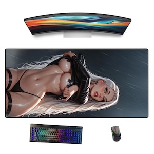 May include: A black and white mousepad with a woman in a black leather jacket and a white bra. The woman is lying on her side with her hair spread out. The background is a dark gray with a subtle rain effect.