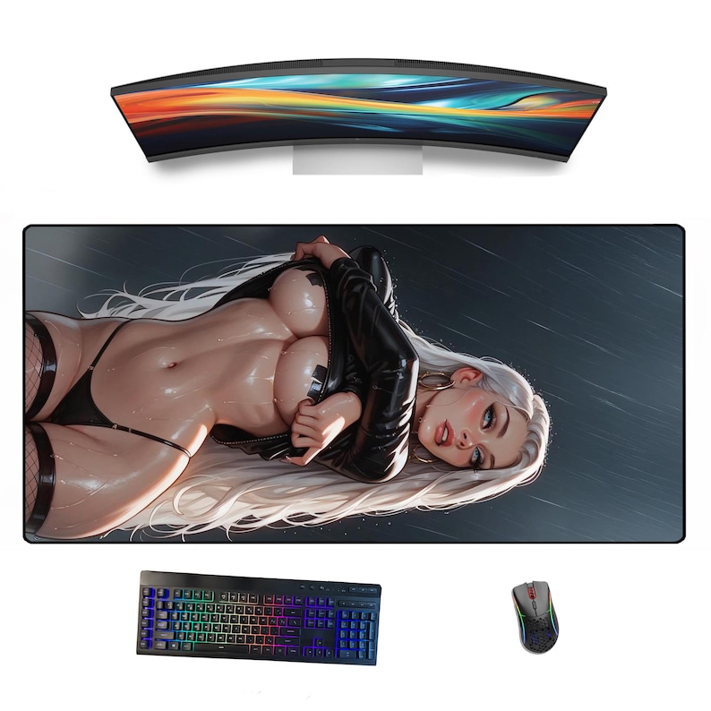 May include: A black and white mousepad with a woman in a black leather jacket and a white bra. The woman is lying on her side with her hair spread out. The background is a dark gray with a subtle rain effect.