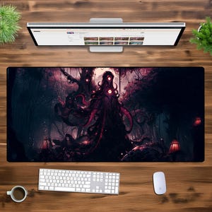 Tapis de souris gaming Eldritch Horror XXL - Tapis de bureau Dark Fantasy, grand tapis de clavier antidérapant, esthétique Cthulhu cosmique, décoration gothique pour PC