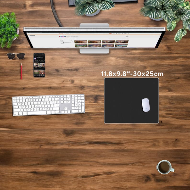 May include: A top-down view of a wooden desk with a computer monitor, keyboard, and mouse. A black mousepad, measuring 11.8 x 9.8 inches (30 x 25 cm), is in the center. Other items include a smartphone, sunglasses, and a cup of coffee.