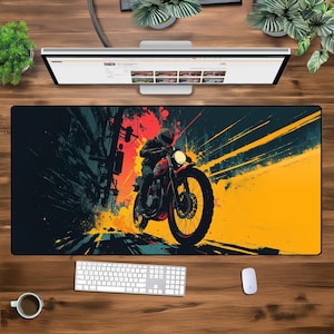 Retro Motorcycle XXL Gaming Mouse Pad - High-Speed Neon Racer Desk Mat, Large Extended Keyboard Mat, Biker Aesthetic Office Decor