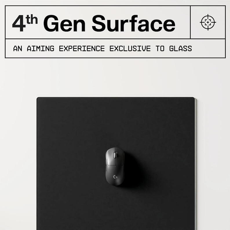 May include: A black rectangular mousepad with a gray wireless mouse. The mousepad has the text "4th Gen Surface" and "AN AIMING EXPERIENCE EXCLUSIVE TO GLASS" in white. A target icon is in the upper right corner.