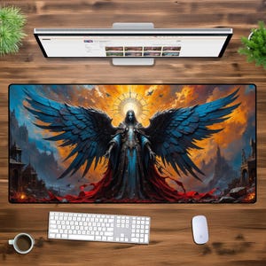 Dark Angel XXL Desk Mat – Celestial Warrior Gaming Mouse Pad, Gothic Fantasy Art, Large Extended PC Pad, Mythical Guardian Desk Decor
