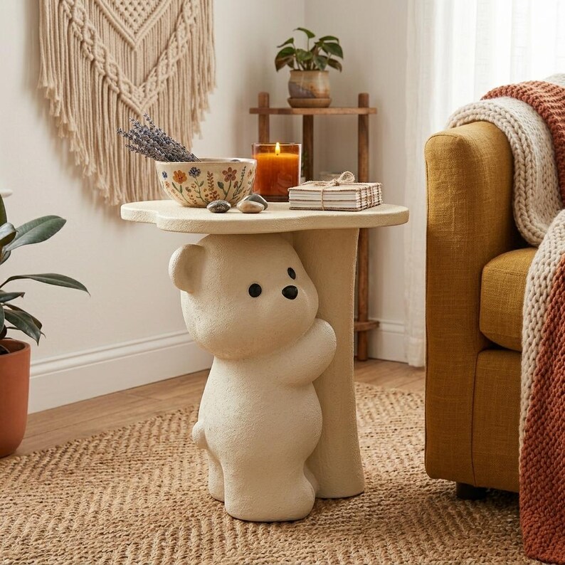 May include: A cream-colored side table with a whimsical bear base. The table has a round top with a cloud-like shape. The bear has black eyes and is hugging the table's central support. The table is holding a bowl, candle, and books.