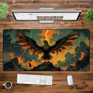 May include: A black and orange eagle with its wings spread wide, perched on a rock against a backdrop of stormy clouds and lightning.