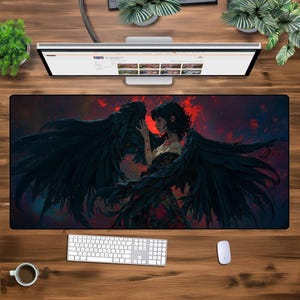 Dark Fallen Angel XXL Desk Mat – Oversized Gaming Mouse Pad, Gothic Fantasy Large Mousepad, Mysterious Black Winged Angel Desk Setup