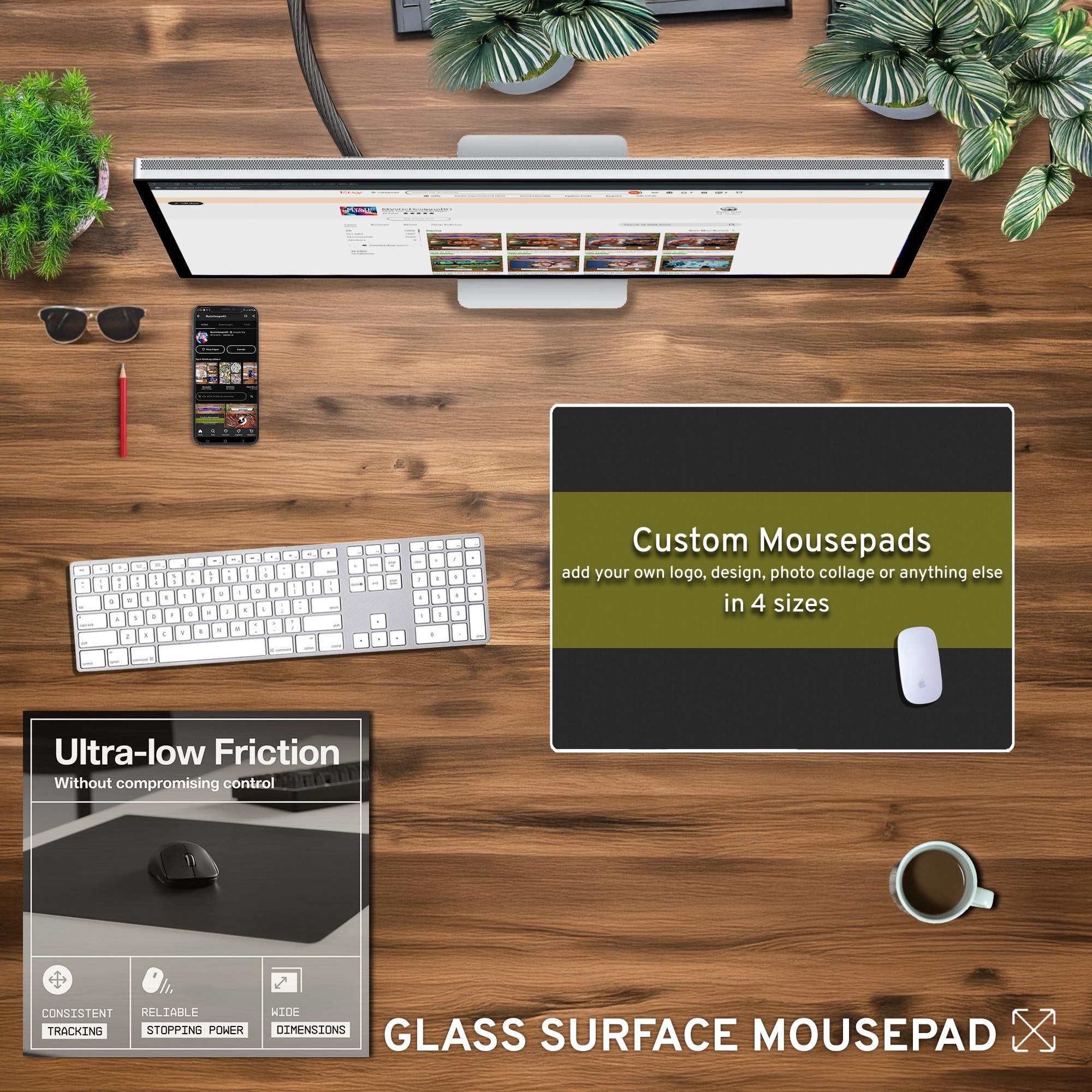 Custom Elite glazen gamingmuismat: XXL-bureaumat, ultrasnelle precisie-bureaumat, antislip Esports-muismat, Pro FPS-richtoppervlak
