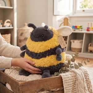 May include: A plush bee toy with a yellow and black striped body, gray head, and small wings. The toy has a tag that reads "Handmade Bee". The bee is sitting on a wooden crate.