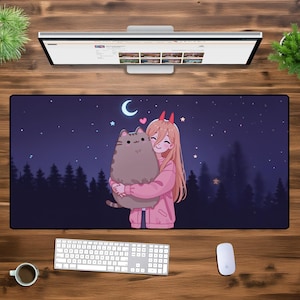 かわいいアニメガール XXL マウスパッド - かわいい猫好きのデスクマット、心地よい夜の美学、オフィスやゲームセットアップ用の大型拡張マウスパッド