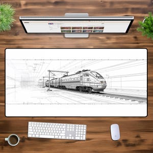 Op de afbeelding: Een zwart-witte lijntekening van een hogesnelheidstrein op een spoor. De trein bevindt zich in een station met een perron en een dak.