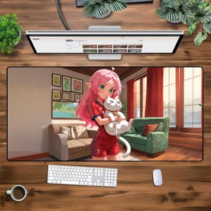 Cozy Anime Girl Desk Mat - XXL Gaming Mouse Pad, Cute Elf & Cat Aesthetic, Warm Home Vibes, Extended Playmat for Gamers