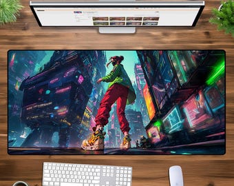 Tapis de bureau urbain cyberpunk - tapis de souris gaming néon city, sous-vêtement surdimensionné XL XXL, décoration de bureau futuriste pour gamers, cadeaux de bureau