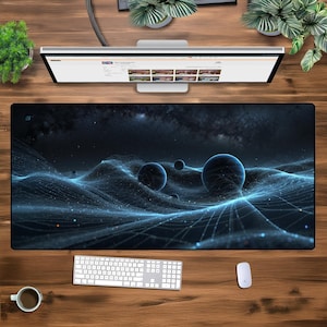May include: A dark blue and black galaxy-themed mousepad with a glowing blue grid pattern and a few white orbs. The mousepad is on a wooden surface with a keyboard and a white mouse.
