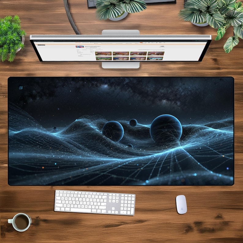 May include: A dark blue and black galaxy-themed mousepad with a glowing blue grid pattern and a few white orbs. The mousepad is on a wooden surface with a keyboard and a white mouse.