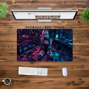 May include: A large mouse pad featuring a cyberpunk-themed illustration of a woman with blue and pink hair sitting in a futuristic setting. The mouse pad is 24x14 inches or 600x350mm.