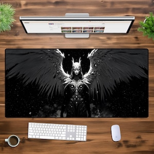 Dark Celestial Warrior Angel XXL Gaming Mouse Pad, Gothic Fantasy Desk Mat, Black Winged Goddess Art, Large Non-Slip Keyboard Mat Setup