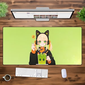 かわいいアニメガール XXL ゲーミングマウスパッド – かわいいグリーンの美的デスクマット、パステル ゲーマー セットアップ、仕事と遊びのための特大ワイフ マウスパッド