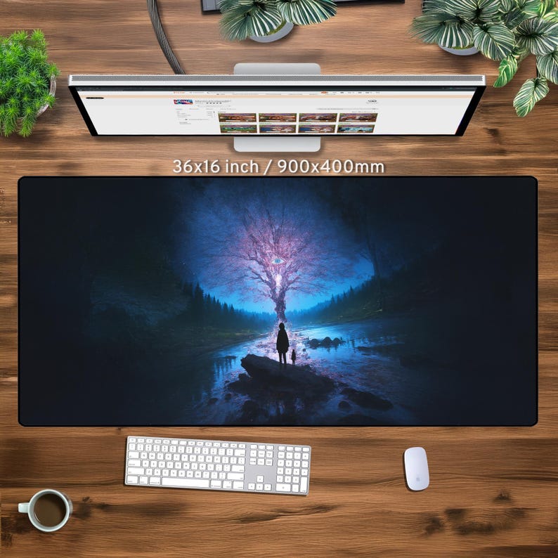 May include: A dark blue and black mouse mat with a fantasy landscape featuring a large tree with glowing pink light and a silhouette of a person standing in front of a river. The mouse mat measures 36x16 inches or 900x400 millimetres.