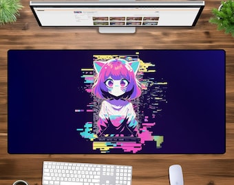 Glitch Cat Girl XXL Gaming Mouse Pad – Cyberpunk Aesthetic Desk Mat, Neon Vaporwave Anime Art, Oversized Desk Pad for Gamers & Creators