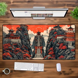 Japanese Temple Mountain Desk Mat - XL XXL Oversized Gaming Mouse Pad, Traditional Asian Decor, Zen Office Setup for Gamers