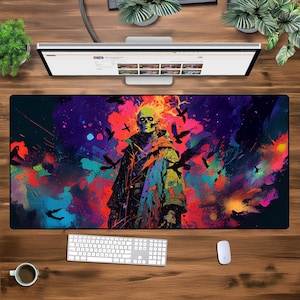 XXL Skull Warrior Mouse Pad - Large Gaming Desk Mat - Dark Fantasy Extended Mousepad - Neon Aesthetic Desk Pad - Gothic Gamer Mat