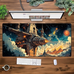 Può includere: Un tappetino per mouse a tema fantasy colorato con una grande astronave dettagliata che vola sopra un paesaggio con nuvole e montagne. L'astronave è di colore marrone chiaro con un interno marrone scuro e ha un grande oblò rotondo sul davanti. Il paesaggio è un mix di colori verdi, marroni e blu. Il tappetino per mouse è perfetto per i giocatori e chiunque desideri aggiungere un tocco di fantasia alla propria scrivania.
