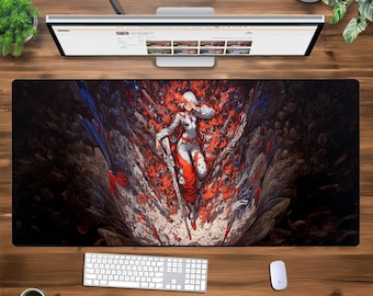 Alfombrilla de ratón XXL para juegos de fantasía oscura, alfombrilla de escritorio grande con guerrero misterioso, teclado extendido y alfombrilla de ratón para jugadores de PC y fanáticos de los juegos de rol