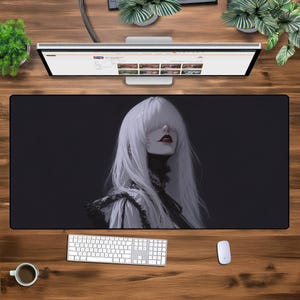 Mysterious Blindfolded Lady XXL Desk Mat – Oversized Gaming Mouse Pad, Gothic Dark Fantasy Large Mousepad, Elegant Aesthetic Desk Setup