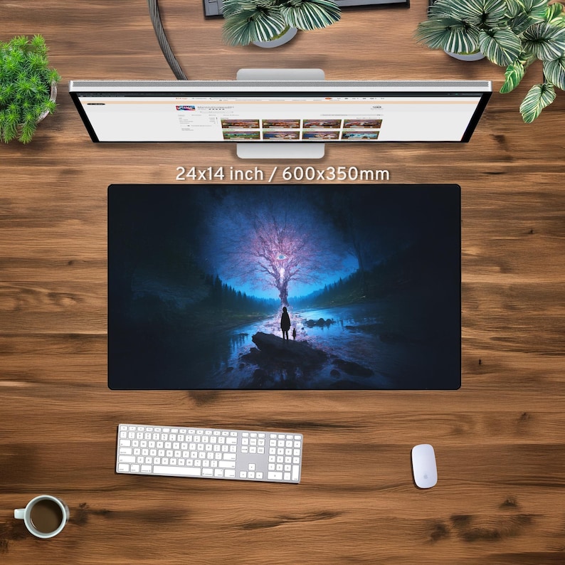 May include: A dark blue mouse mat featuring a fantasy scene of a glowing tree in a forest with a person standing in the foreground. The mouse mat is 60x35cm.