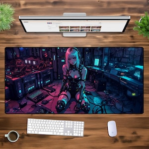 May include: A cyberpunk-themed mousepad featuring a female character with blue and pink hair, wearing a black and silver outfit, standing in a futuristic setting with glowing lights and wires.