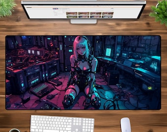 Cyberpunk Android Girl Desk Mat - XL XXL Oversized Gaming Mouse Pad, Futuristic Sci-Fi Decor, High-Tech Office Setup for Gamers