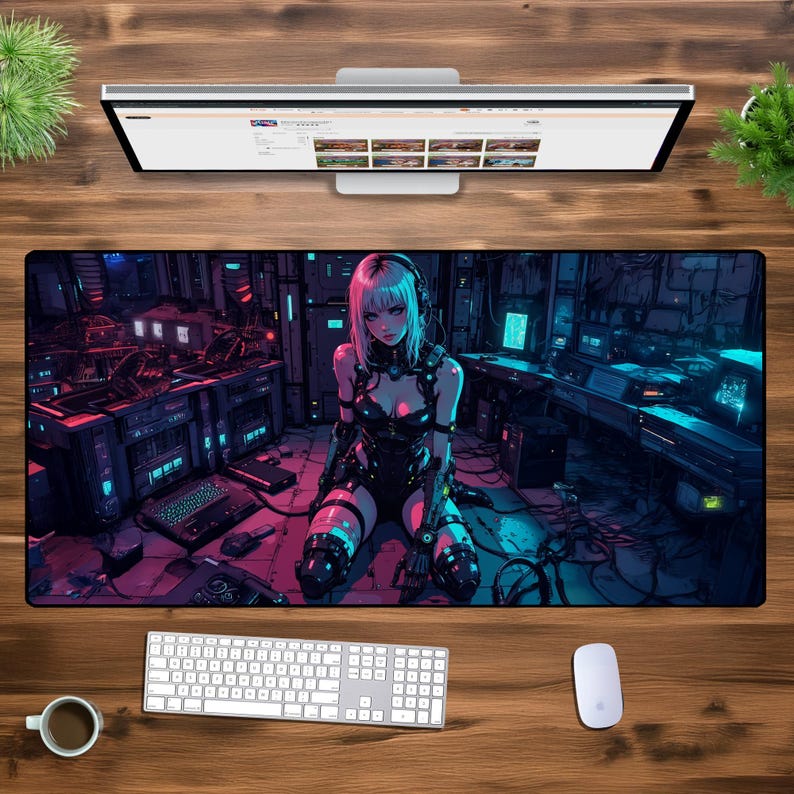 May include: A cyberpunk-themed mousepad featuring a female character with blue and pink hair, wearing a black and silver outfit, standing in a futuristic setting with glowing lights and wires.