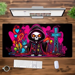 Neon Grim Reaper Desk Mat XXL, Large Gothic Mouse Pad, Colorful Skull Mousepad, Dark Aesthetic Desk Decor, Extended Gaming Keyboard Mat