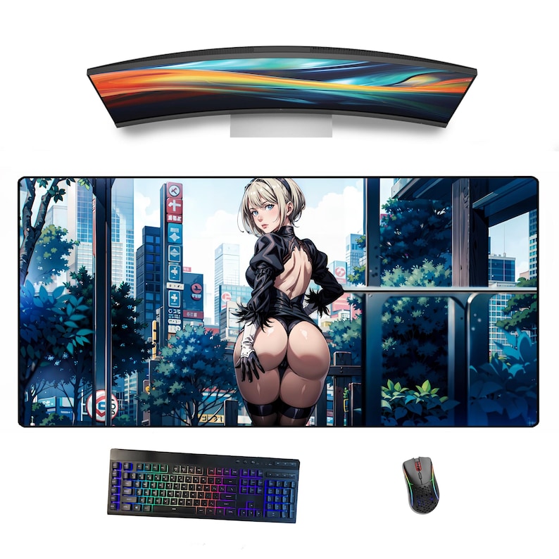 May include: A black and white anime-style mouse mat featuring a female character with long, white hair wearing a black dress and standing in a city setting.