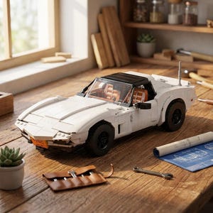 May include: A white model car with a black top and black wheels sits on a wooden surface. The car has a tan interior and a license plate that reads "STANGS". A small succulent plant in a white pot and a rolled-up blueprint are also on the table.