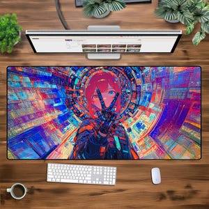 XXL Cyberpunk Anime Mouse Pad, Large Desk Mat with Futuristic Girl, Extended Keyboard and Mouse Mat for PC Gamers and Tech Enthusiasts