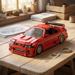 May include: A red toy car made of interlocking blocks, with a spoiler and silver wheels, sits on a wooden surface. The car has detailed features, including headlights and a front grill. A tag with a heart is next to the car. The car is a model of a sports car.