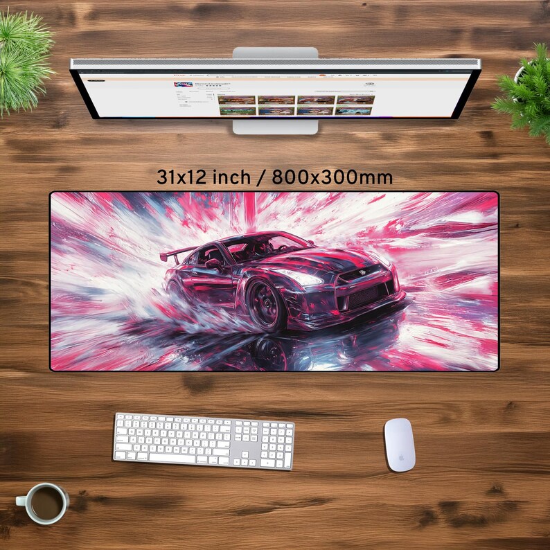 May include: A pink and blue abstract design mousepad with a black sports car in the center. The mousepad is 31x12 inches or 800x300mm.