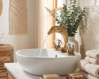 Antique Gold Dolphin Bathroom Faucet Crystal Handle Waterfall Tap for Luxury Vanity Sink