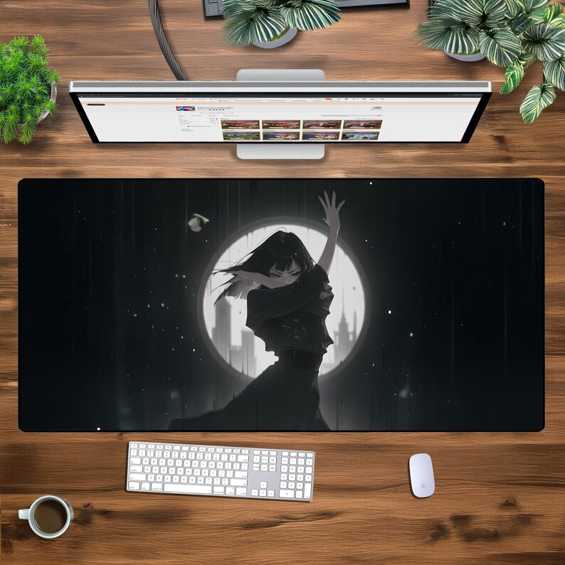 Puede incluir: Una ilustraci&oacute;n de estilo anime en blanco y negro de una mujer con cabello negro largo, vestida con un vestido negro, de pie frente a un c&iacute;rculo blanco grande con un horizonte de ciudad en el fondo.