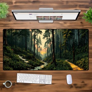 May include: A green and brown forest scene with a winding path and a stream running through the centre. The scene is depicted in a painterly style with a soft, dreamy feel.
