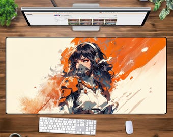 Anime Gamer Desk Mat, XXL Mouse Pad, Orange Cyberpunk Girl Gaming Mousepad, Large Keyboard Pad for Setup Decor