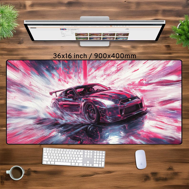May include: A pink and blue abstract design with a black and red sports car driving through the center. The design is on a 36x16 inch / 900x400mm mousepad.