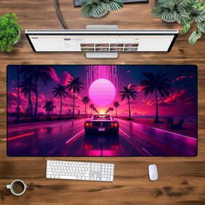 Alfombrilla de escritorio XXL retro Synthwave: alfombrilla de ratón para juegos Neon Vaporwave, alfombrilla de teclado estética de los años 80, configuración de escritorio Cyber Sunset, decoración grande de Miami Vice