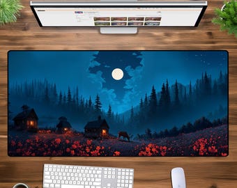Mystic Moonlit Forest XXL Gaming Mousepad – Cozy Cabin Night Desk Mat | Large Extended Mouse Pad | Dark Nature Gamer & Office Setup