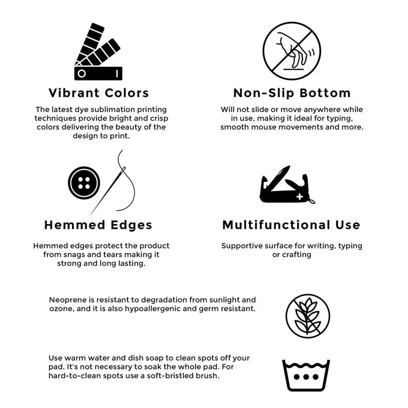 Puede incluir: Una ilustraci&oacute;n en blanco y negro de una alfombrilla de rat&oacute;n con varias caracter&iacute;sticas. La alfombrilla de rat&oacute;n tiene una base antideslizante, bordes doblados y est&aacute; hecha de neopreno. La ilustraci&oacute;n tambi&eacute;n muestra que la alfombrilla de rat&oacute;n es resistente a la degradaci&oacute;n por la luz solar y el ozono, y que es hipoalerg&eacute;nica y resistente a los g&eacute;rmenes. La alfombrilla de rat&oacute;n tambi&eacute;n es multifuncional y se puede utilizar para escribir, teclear o hacer manualidades.