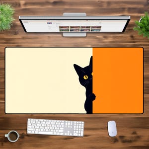 遊び心のある黒猫のデスクマット - ミニマリストな猫をテーマにしたゲーミングマウスパッド、XL XXL 特大デスクマット、スタイリッシュなデスク装飾、オフィスギフト