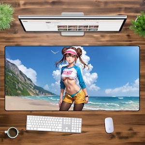 ビーチアニメガール XXL ゲーミングマウスパッド – 夏のワイフデスクマット、トロピカルオーシャン美学、ゲーマーコレクター向けの特大かわいいアニメマウスパッド