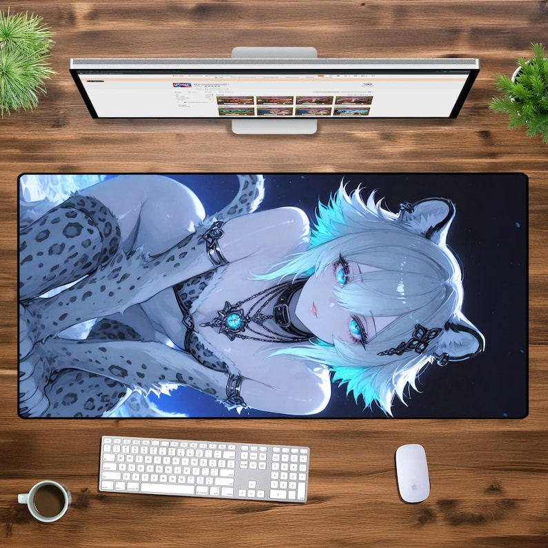 May include: A white and blue anime character with long white hair and blue eyes is wearing a white and black outfit with a leopard print. The character is sitting on a blue and white background.